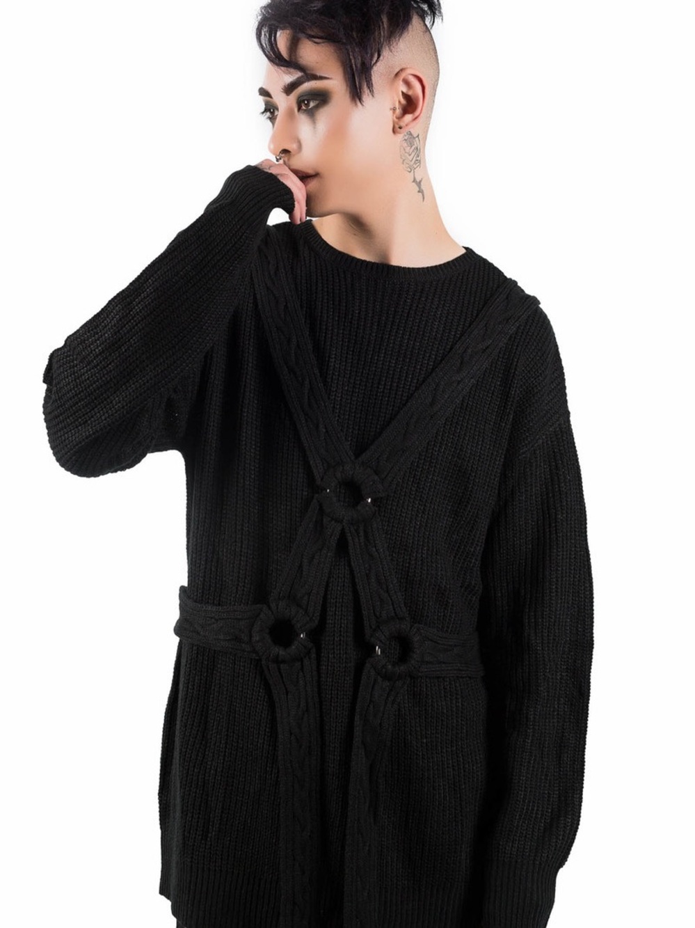 Killstar Black Cable-Knit Ring-Detail Unisex Sweater